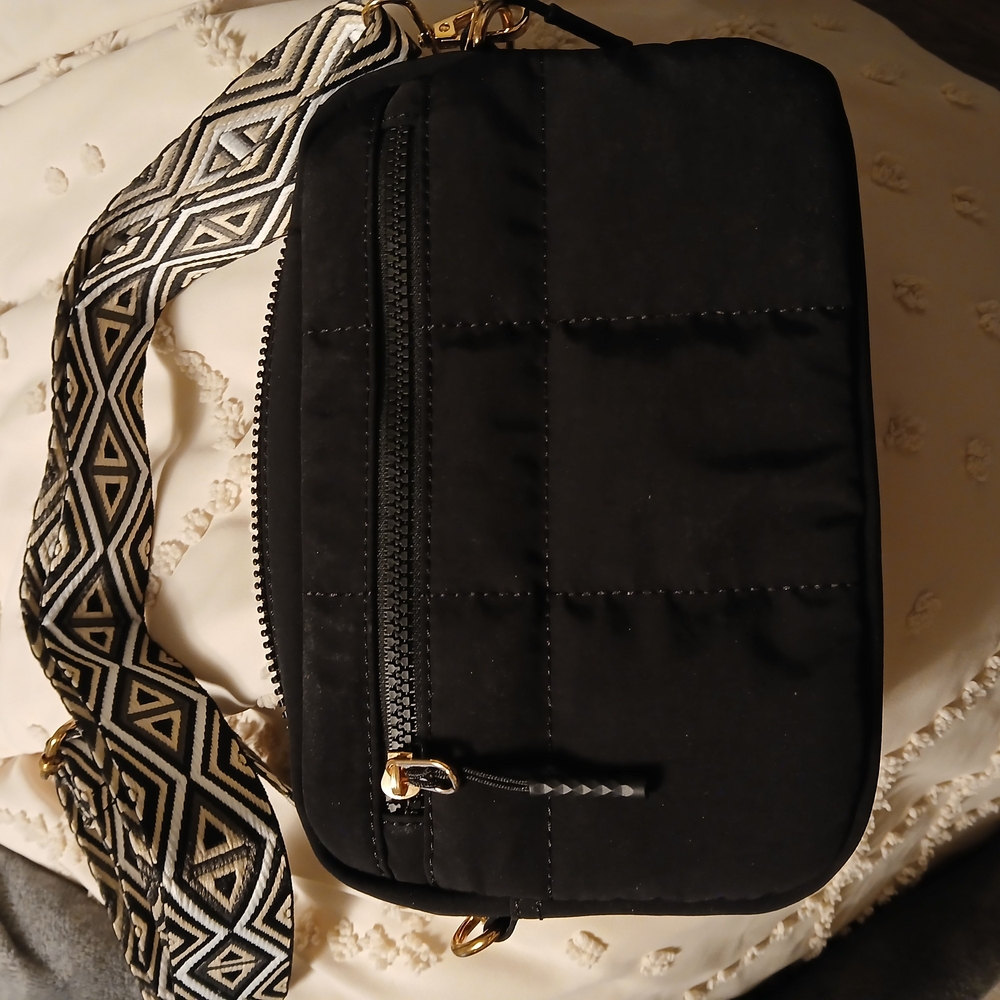 Black Quilted Crossbody Bag with Patterned Strap